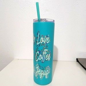 ONE insulated TEAL BLUE Tumbler cup with straw love, coffee, Jesus 20 fl. Oz